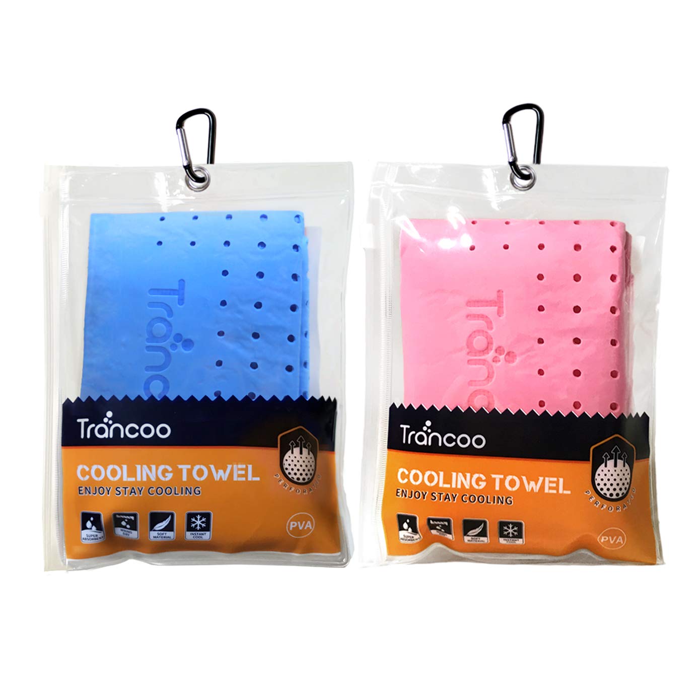 Trancoo 2 Packs PVA Cooling Towel(33"X7.85",Perforated Chill Towel, PVA Cooling Scarf,Sweat Rags for Workout, Neck Warp Sports Towel for Running, Hiking,Swimming Golf (Blue+Pink)