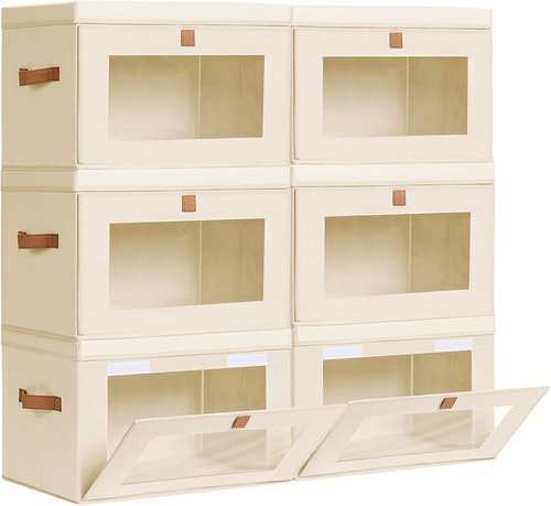 Homsorout Large Closet Storage Bins - Collapsible Clothing Organizers with Handles & Lids | 6 Pack, Beige