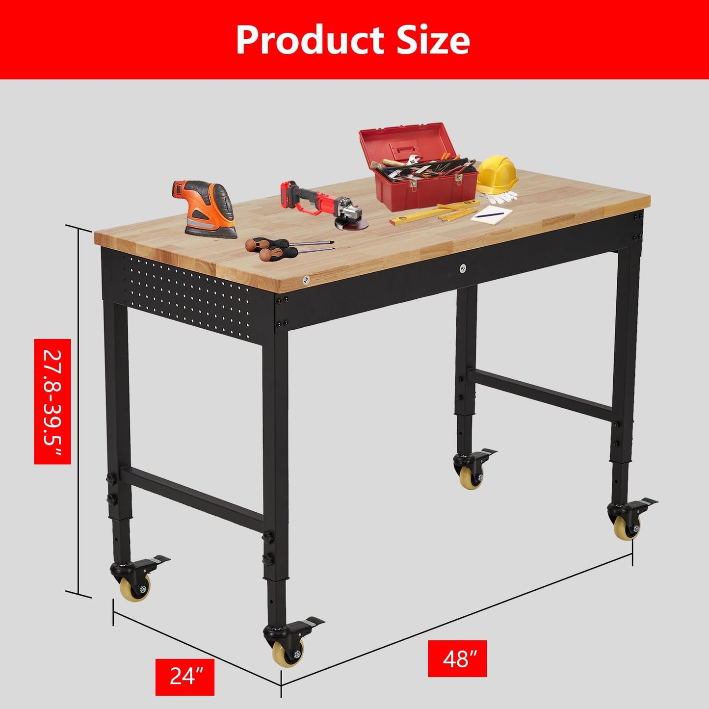 48"x24"x1.2" Heavy Duty Adjustable Workbench with Rubber Wood Top, 9 ft Power Strip, 2000 LBS Load, Lockable Wheels, ETL Certified, Black Garage & Workshop Table