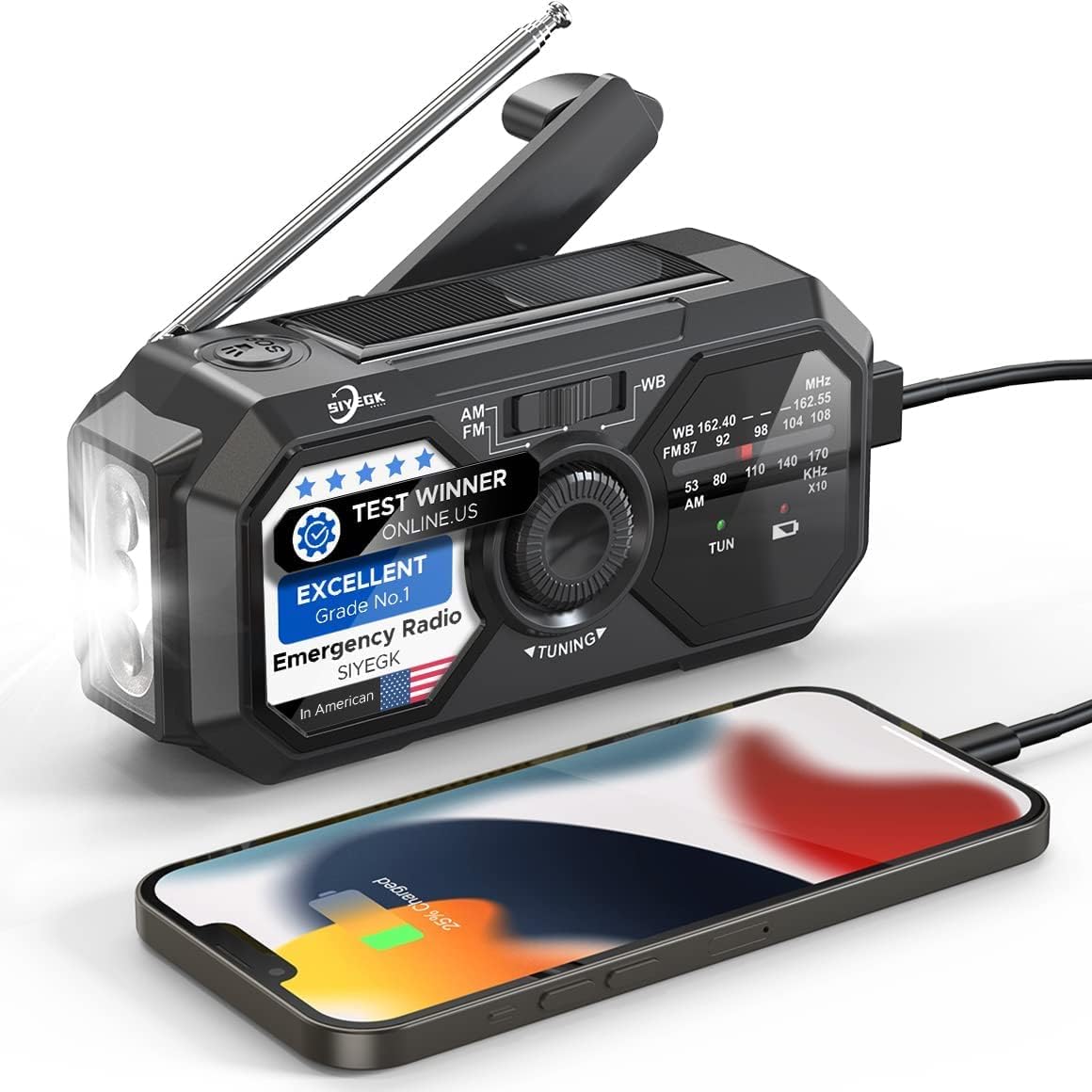 SIYEGK 3500mAh Emergency Weather Radio, Portable AM FM NOAA Radios with Crank SOS Alarm, Pocket Solar Emergency