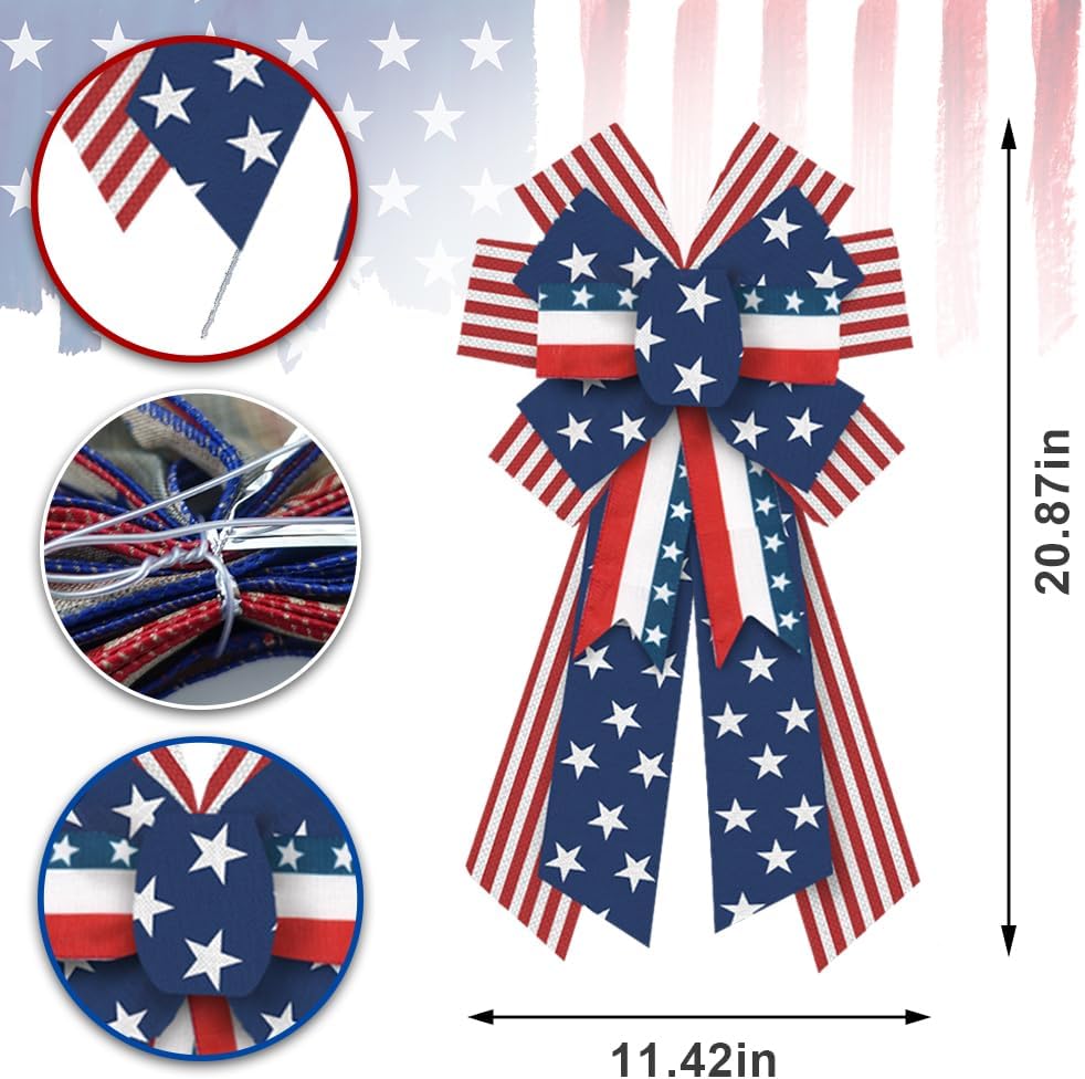 Threetols Patriotic Wreath Bows - Large Burlap Red, Blue & White Stripe for 4th of July Decor