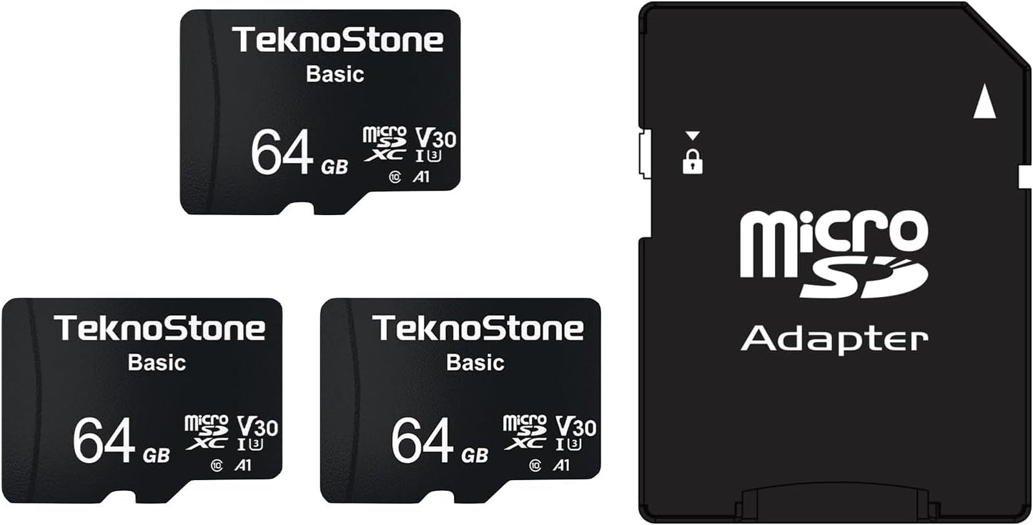 Teknostone 64GB 90MB/s 50MB/s C10 U3 V30 A1 (3 Packs) Basic MicroSDXC Flash Memory with Adapter Read Write UHS-I Rated