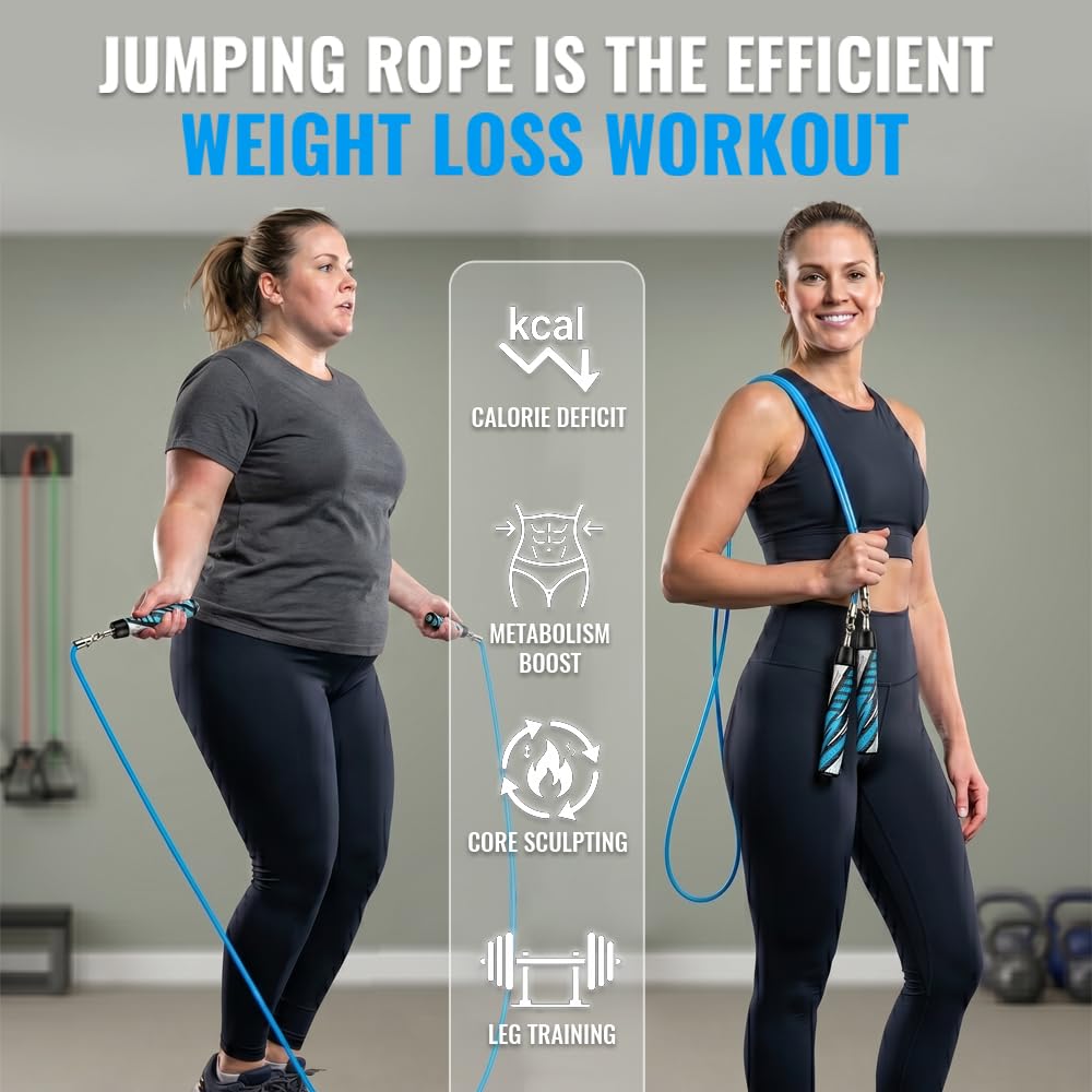 HEREROPE Weighted Jump Rope for Men Women Interchangeable 1/6lb 1/4lb 1/2lb Heavy Jump Rope- Adjustable Length, Tangle Free, Smooth Ball Bearing, Anti-slip Grip, Skipping Rope for Weight Loss