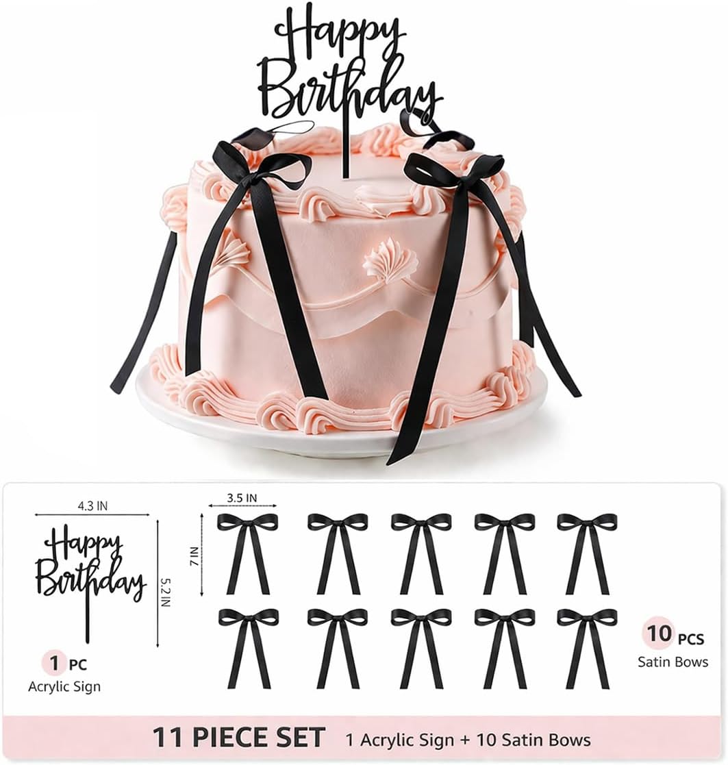 Skiennix Black Satin Cake Bows - 11 Pcs Coquette Bow Toppers with Happy Birthday Sign | Perfect for Birthdays, Weddings, Baby Showers