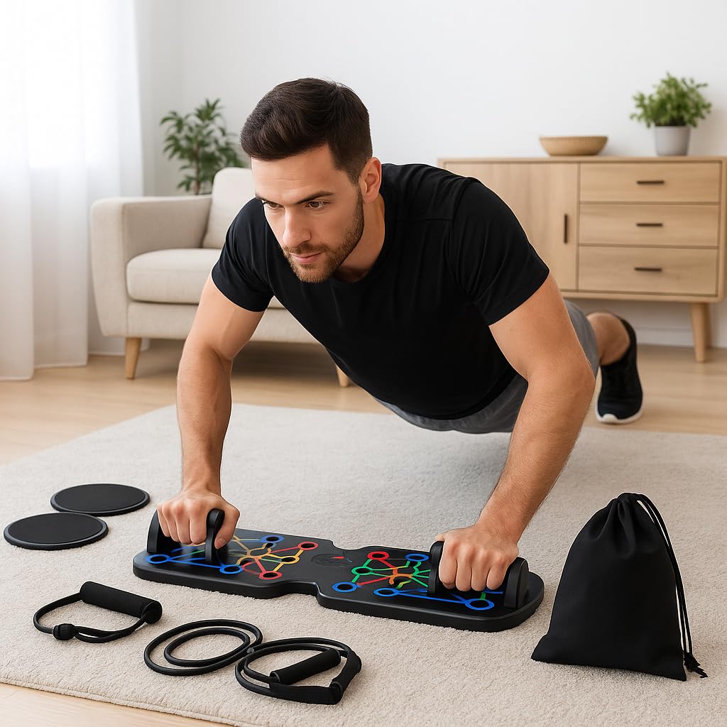 Push Up Board 21-in-1 Home Workout Equipment for Men & Women – Multi-Functional Push Up Bar with Handles, Resistance Bands, Sliding Discs & Carry Bag – Heavy-Duty 330 lbs Home Gym Equipment