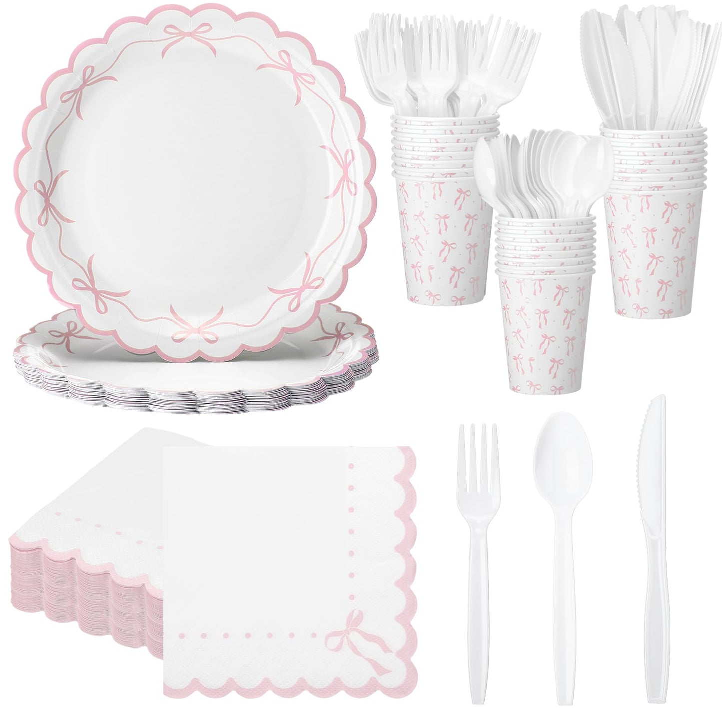 Sieral 144 Pcs Pink Scalloped Bow Party Supplies Coquette Cute Party Supplies Bachelorette Tableware Set Bow Paper Plates Napkins Cups for Girl Boy Baby Shower Wedding Birthday Decoration