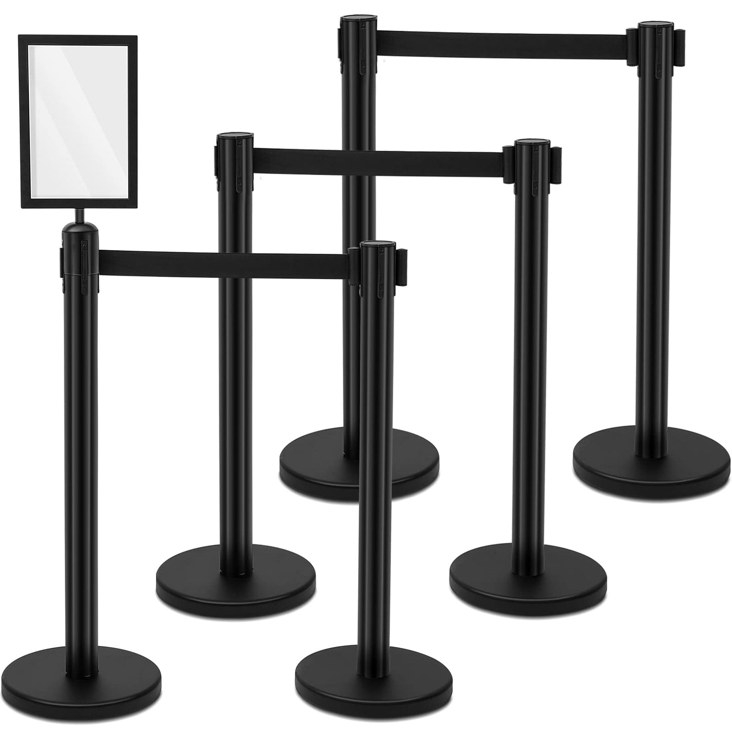 Geelin 6 Pack Heavy Duty Crowd Control Stanchions Stanchion Set with Safety Barrier Post with Retractable Belt and Sign Holder Crowd Control Barrier (9.8ft,Black)