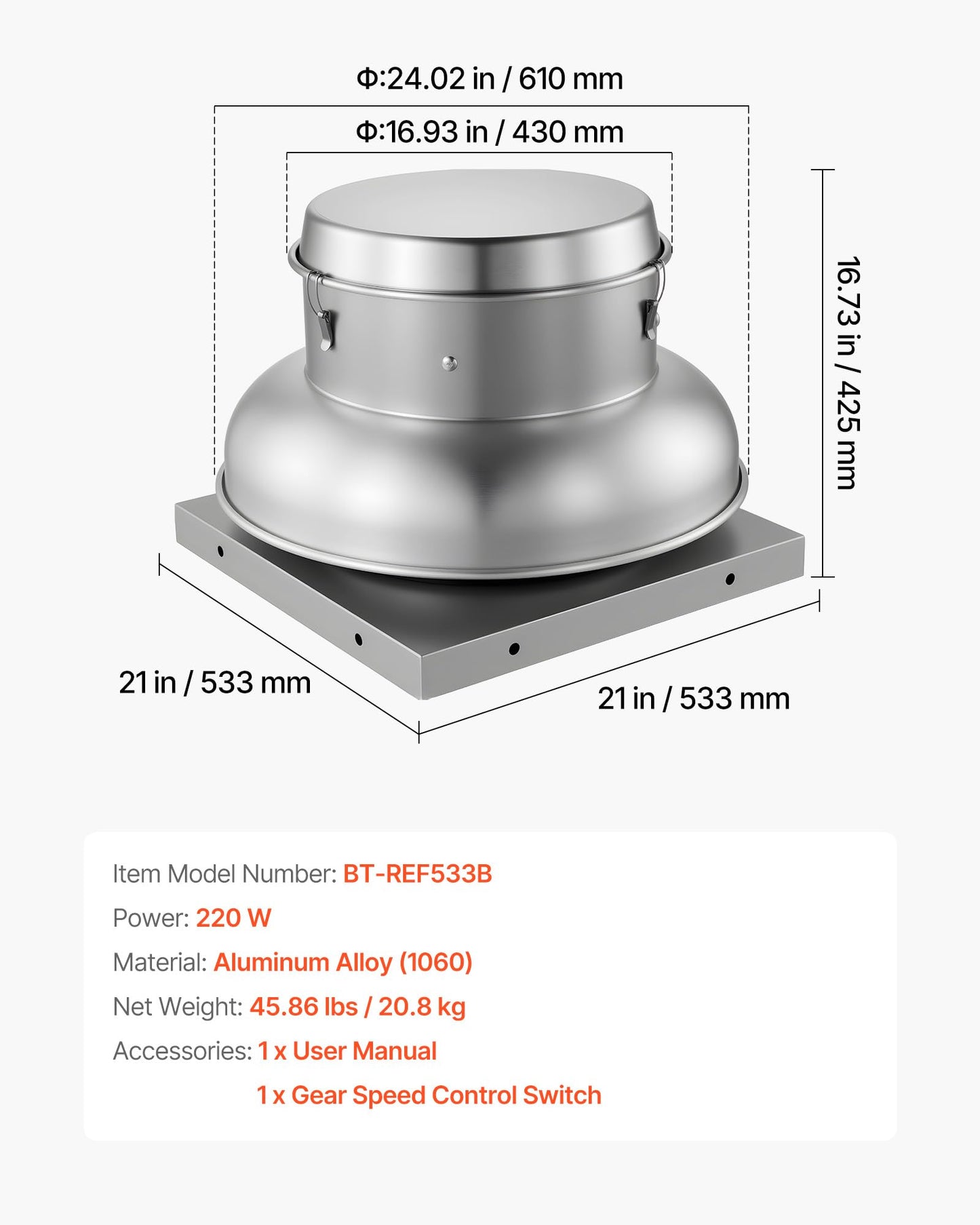 VEVOR Roof Exhaust Fan, 900CFM & 1500CFM Adjustable Speed Control Attic Vent Fan with High-Power Motor, 21inch Fan Base Heavy-Duty Aluminum Alloy, Compact for Garage,Kitchen,Bathroom,Silver