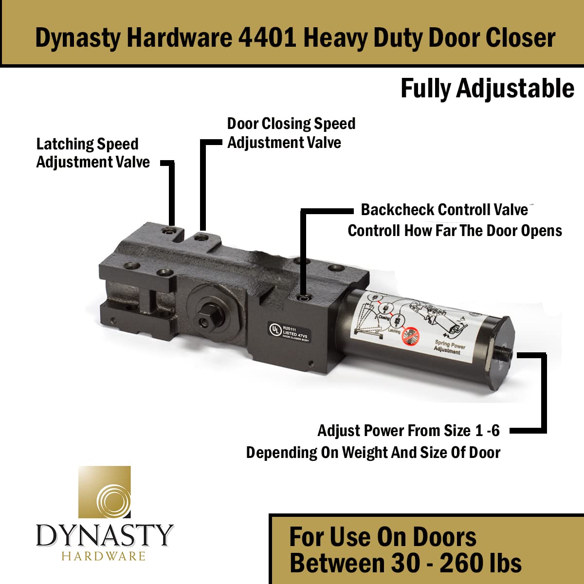 Dynasty Hardware Door Closer, Grade 1 Heavy Duty Commercial Hydraulic Closer, Self-Closing, Adjustable Spring Size 1-6, ADA Compliant, Surface Mount, Sprayed Duronotic Bronze, Series 4401
