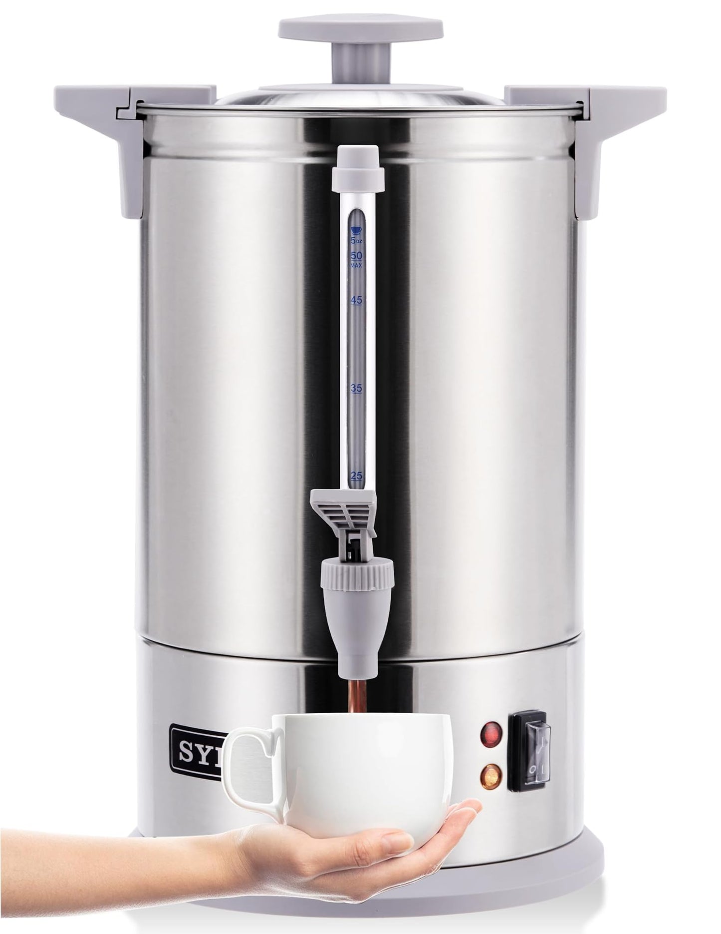 SYBO Commercial Grade Stainless Steel Percolate Coffee Maker Hot Water Urn for Catering, 100-Cup 16 L, Grey