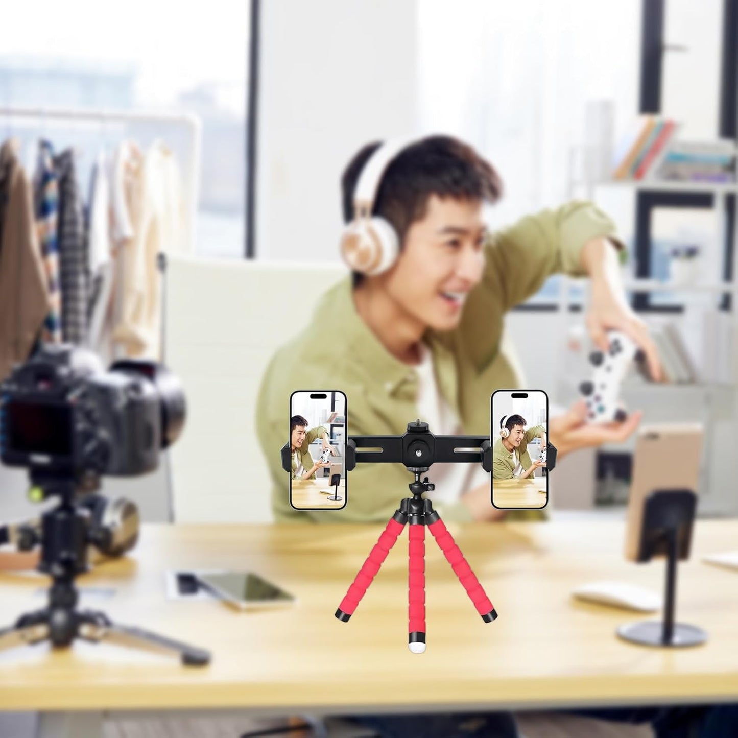 JoyHuaTrade 360 1/4'' Dual Phone Holder Phone Tripod Mount Adapter, Universal Rotation Adjustable Clip Stand for Vlog