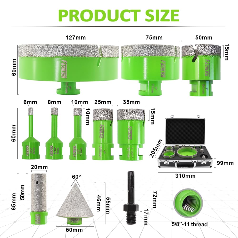 FACHLICH Diamond Core Drill Bits Set - Tile Hole Saw Kit 6/8/10/25/35/50/75/127MM+20F with 2" Diamond Beveling Chamfer Bits for Porcelain Ceramic Tile Granite Marble(11PCS)
