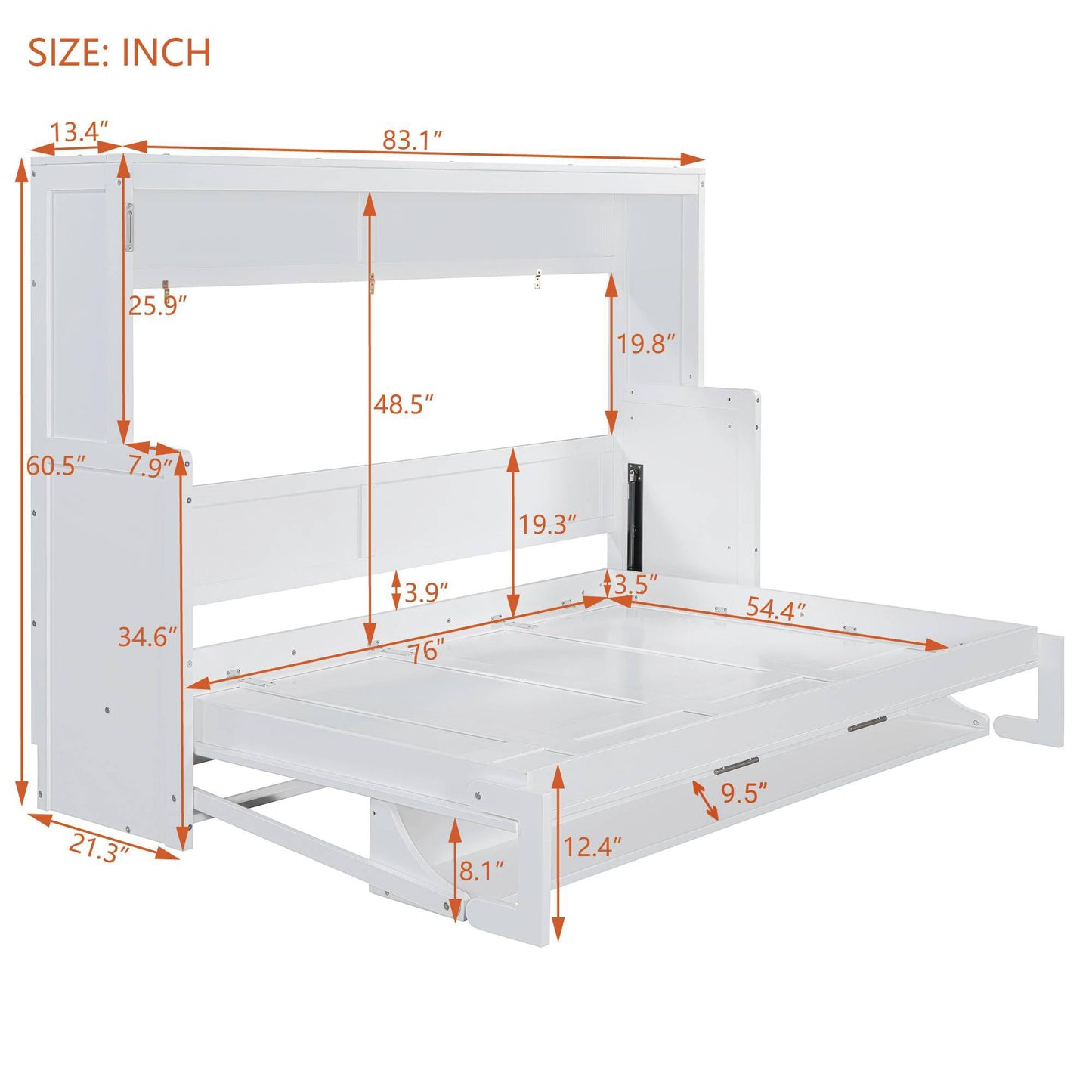 Ball & Cast Murphy Bed Full Size Hideaway Beds with Hydraulic Lift & Desk Design,Industrial Multifunction Wood Wall Cabinets Bedframe W/Hardware Chain,Space-Saving for Apartment,White