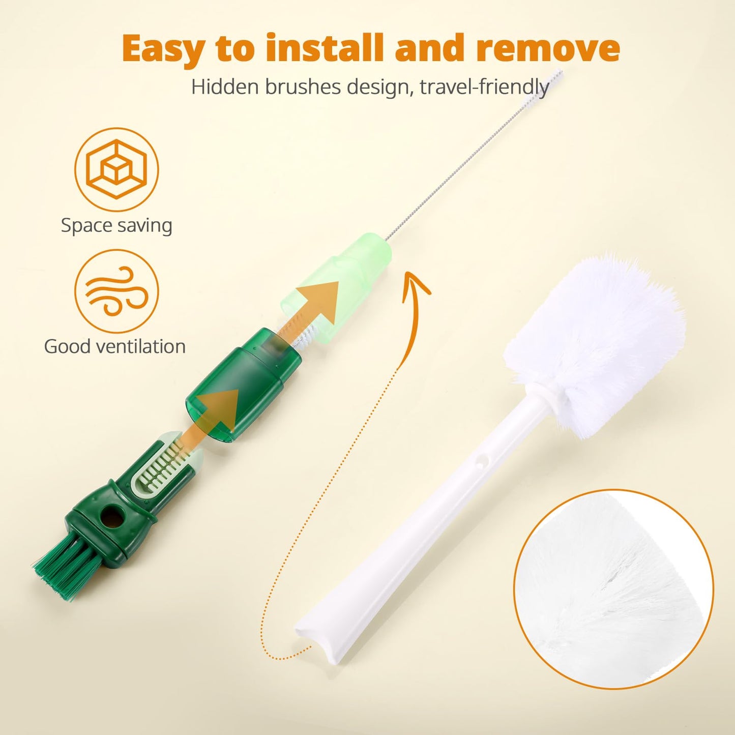 OUTXE 5 Pack Bottle Brush Set, 5-in-1 Water Bottle Cleaner Brush, 15"" Long Handle Bottle Cleaning Brush, 3 Straw Brush, Removable Nipple Brush, Detail Brush for Cup Lid Gap, WBBSBLB5