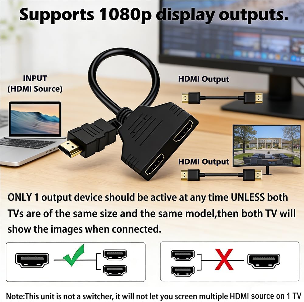 Flsazrx 1 2 1 2 Hdmi Splitter in Out Adapter Cable -HDMI Splitter Male to Dual HDMI Female to Way for HD, LED, LCD, TV