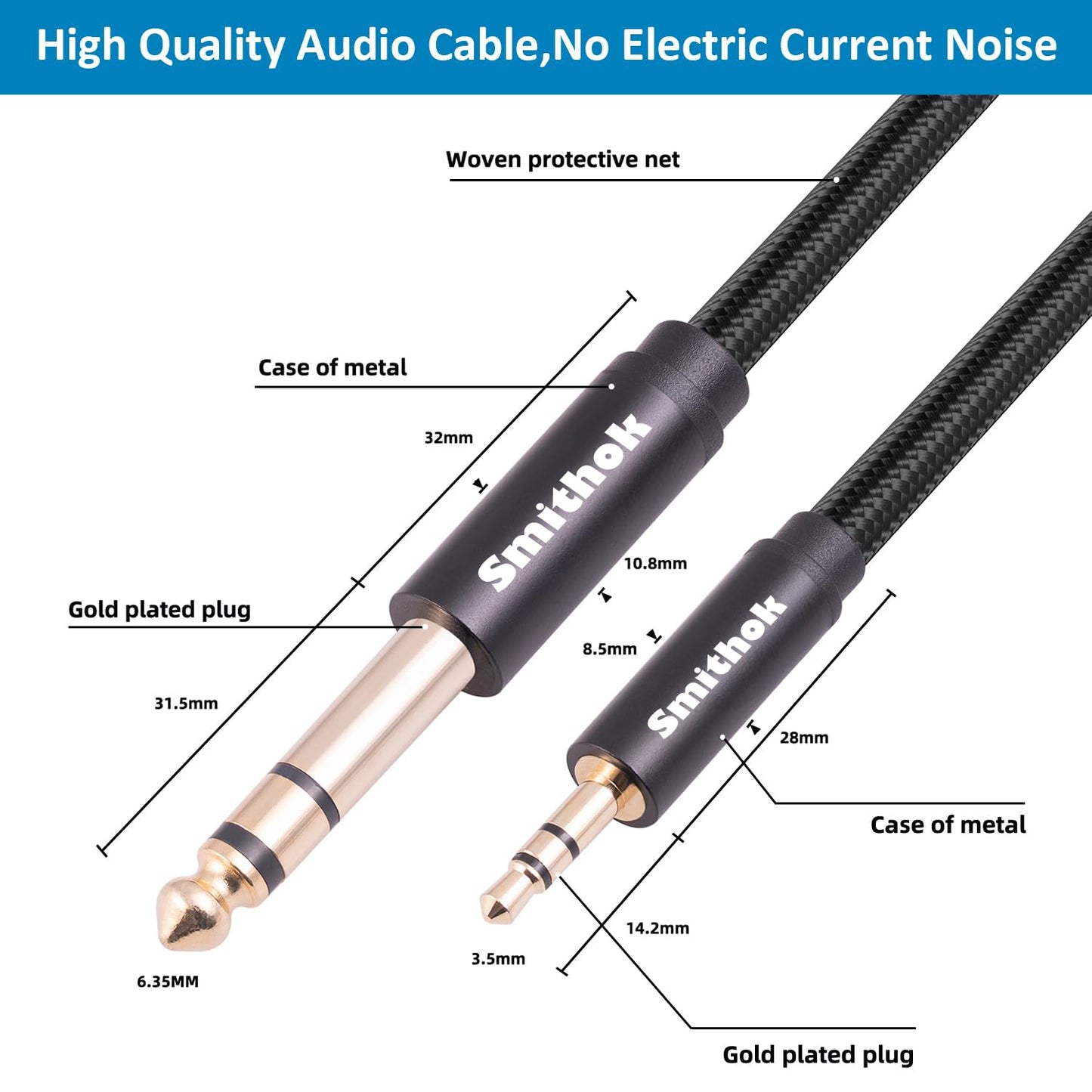 2pack 1/8 1/4 Cable,6.35mm 1/4" 3.5mm 1/8" 10Ft(3m) Smithok to Stereo Audio Male to Male TRS Bidirectional Stereo Audio