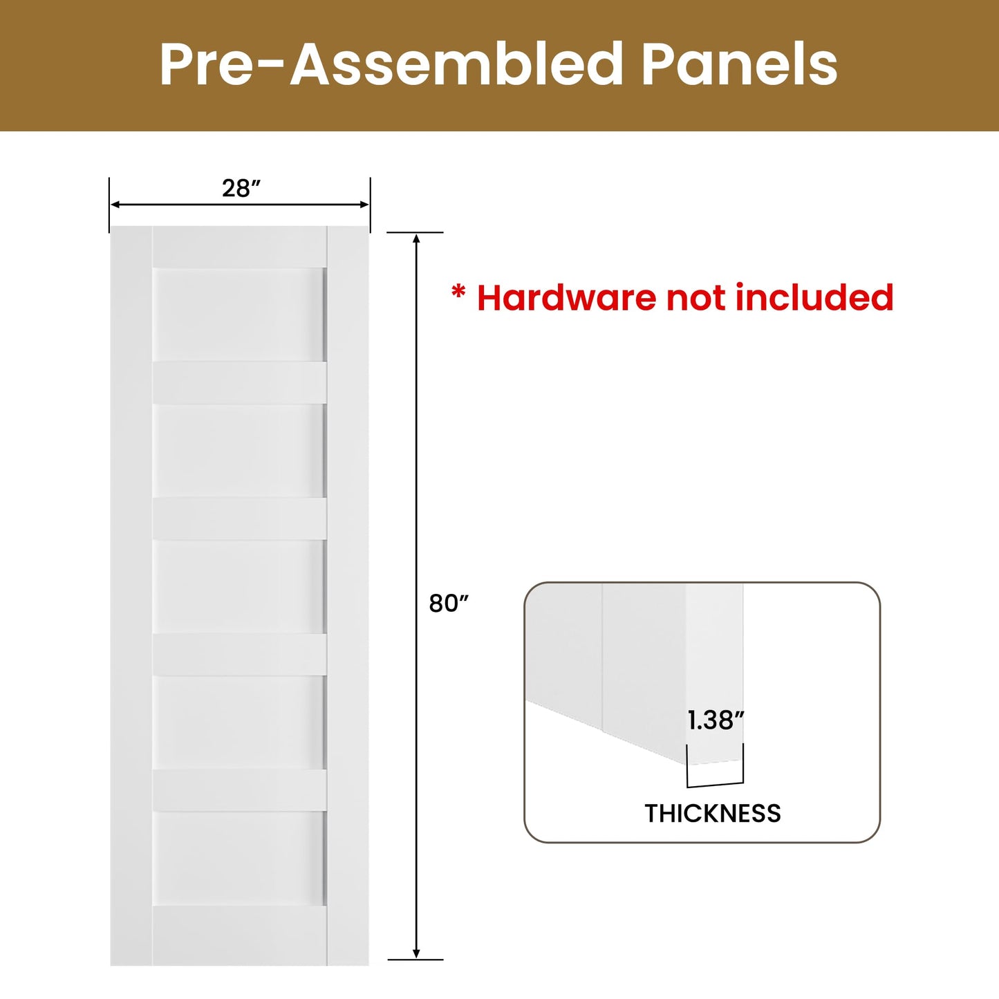 SMARTSTANDARD 28" x 80" Interior French Slab Door, 5-Panel Pantry Door for Pocket, Bedroom, Laundry, Bathroom, Pre-Assembled Solid Core Doors Without Hardware Kit, White Primed