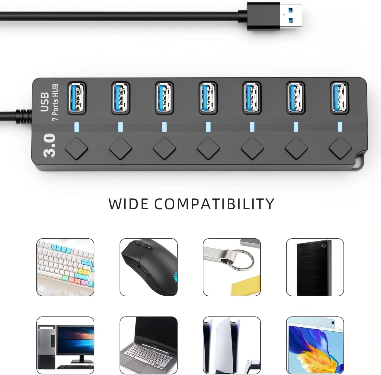 SNLLMZI 7-Port 3.0 4ft/1.2m Pro,PS4/5,Flash USB Hub for Laptop, USB Hub Splitter with Individual On/Off Switches