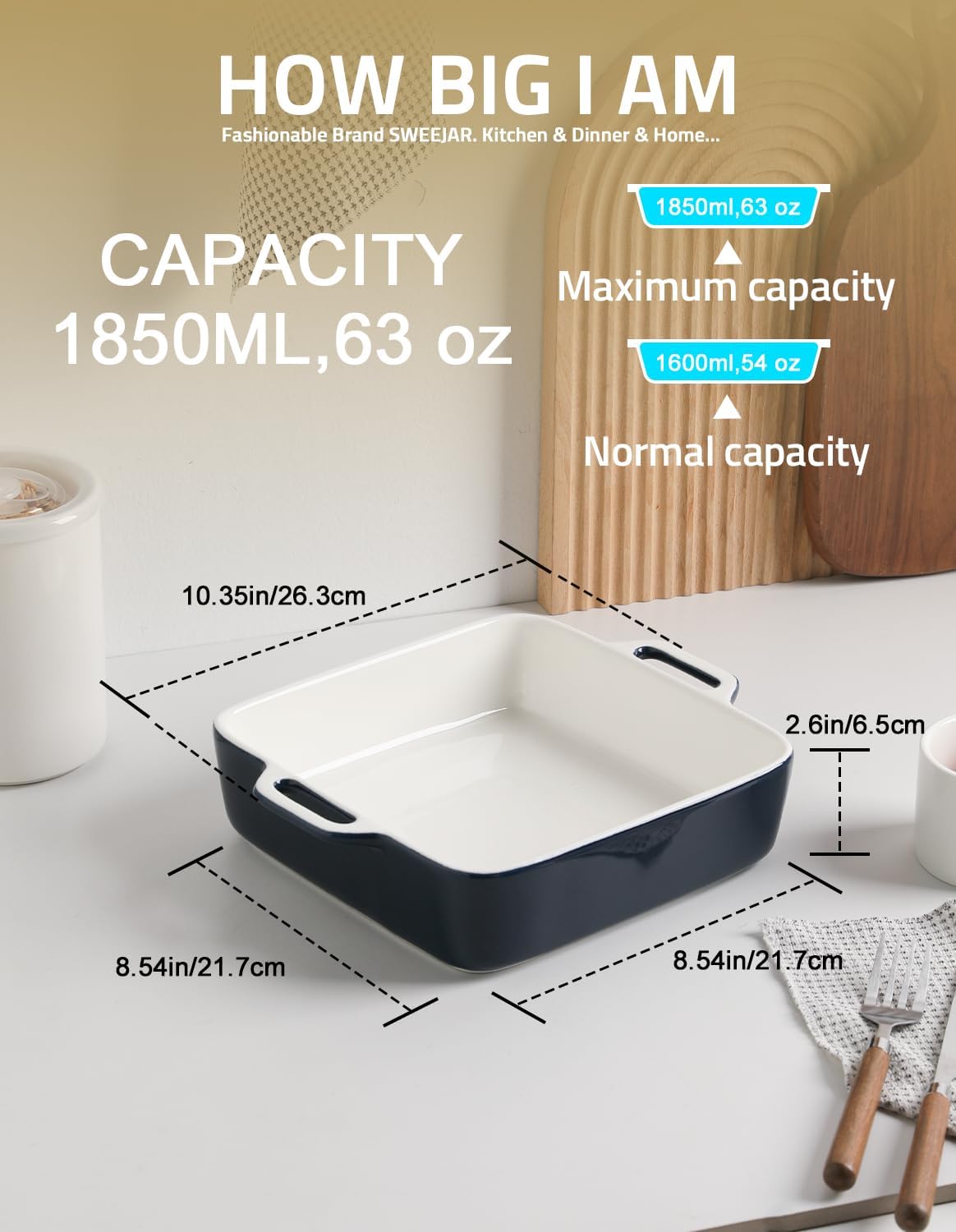 Sweejar 8x8 Baking Pan - Ceramic Casserole Dish with Double Handles | 2 QT Navy Square for Brownies & Lasagna