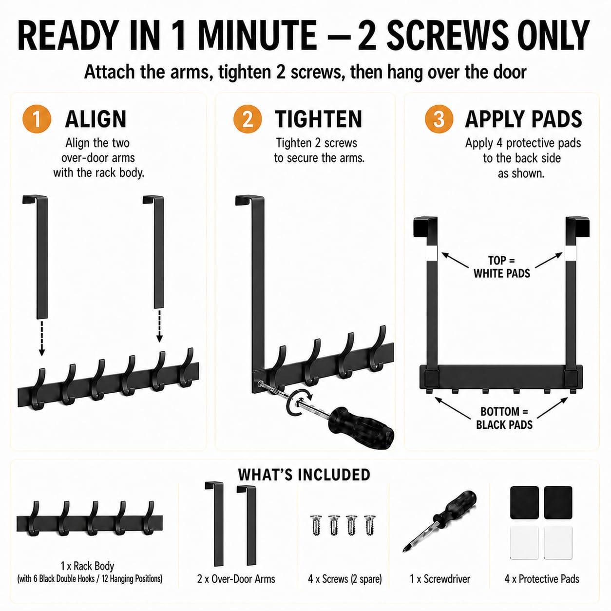 Peasulin 2 Pack Large Over The Door Hooks, Sturdy Door Hanger with 12 Hooks, Door Towel Rack for Bathroom, Bedroom, Kitchen, Coat Rack for Hanging, Easy to Install (Black)