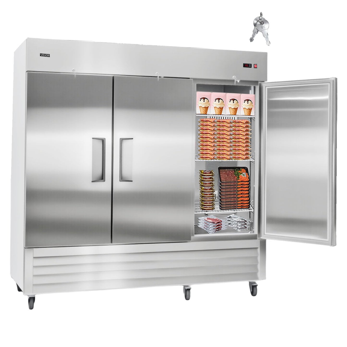 VEVOR Commercial Reach-In Freezer 85" W, 69 Cu.Ft Stainless Steel Upright Freezer with Three Doors, Auto-Defrost, 12 Adjustable Shelves, -11 to 14℉ Temp Control, ETL Certified