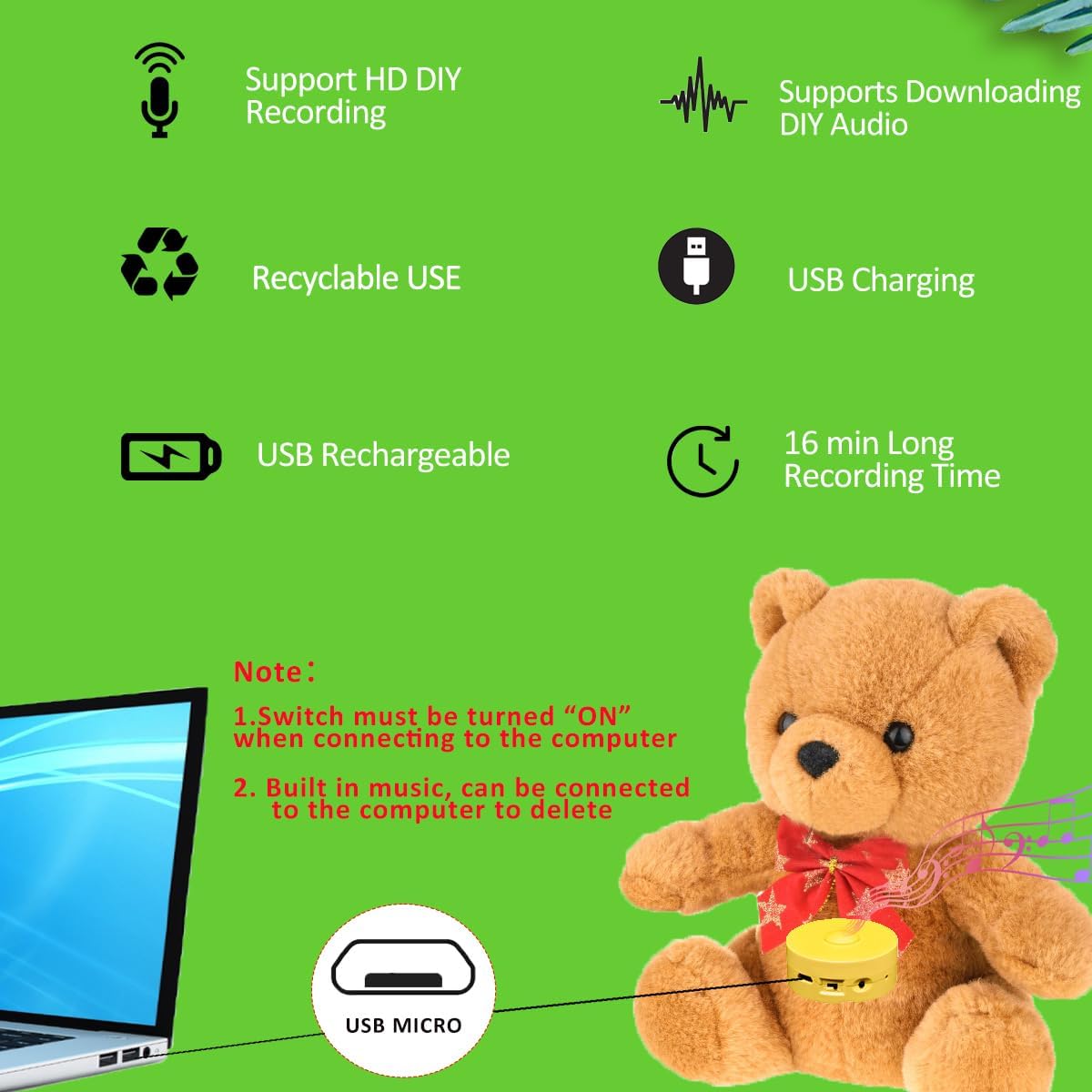 JRGKJCP 16 Minutes Voice Recorder, Record Custom Message for Crafts, Stuffed Bear, Baby Doll, and Pillow (Yellow)