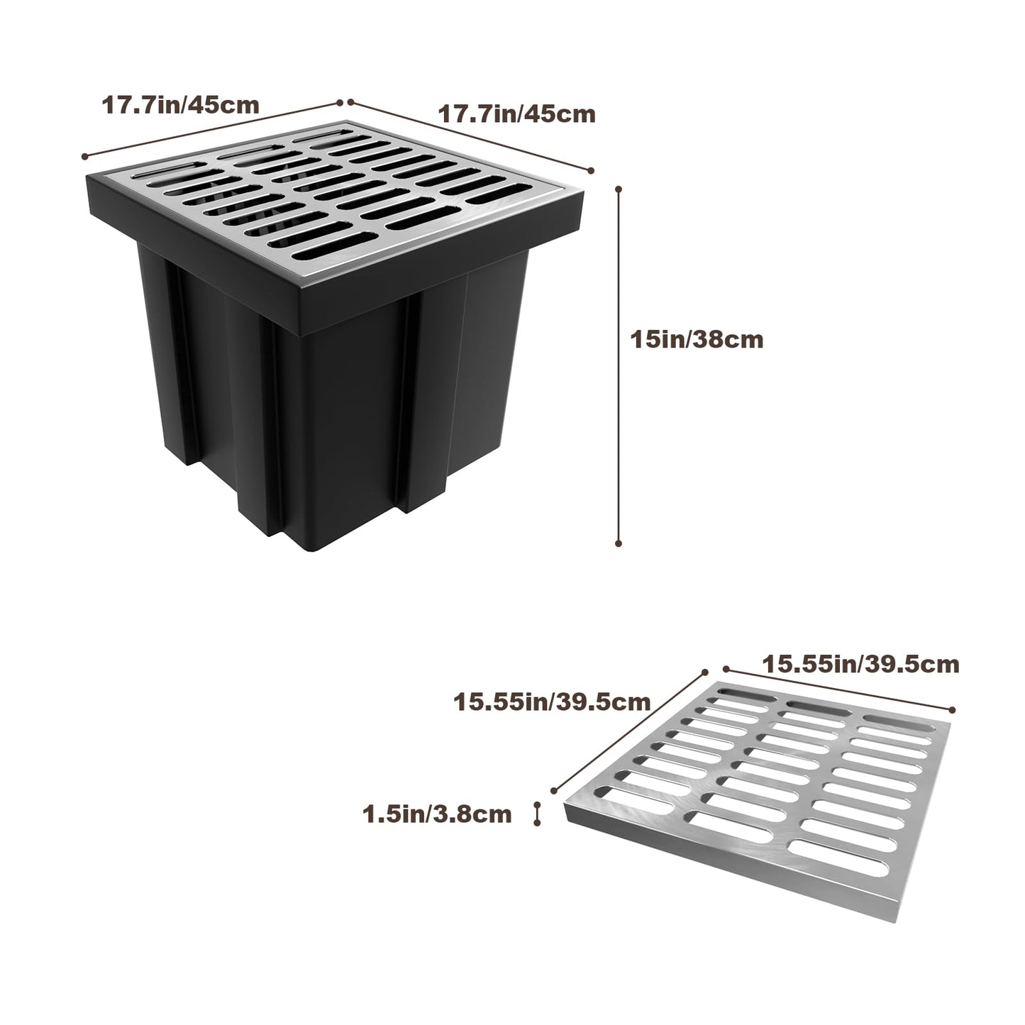 2 Pack Catch Basin with 304 Stainless Steel Grate, 18x18x15 in Large Drainage Catch with Debris Basket, French Drain Basin Without Reserved Hole for Yard, Downspout, Patio, Municipal Pipeline (2)