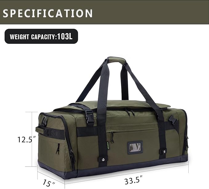 Large Duffle Bag for Travel - Men & Women, Foldable Gym Duffle Backpack, Heavy Duty Tactical Military Canvas Duffel Bags, Extra Big Carry On with Shoe Pockets, Waterproof (80L/103L)