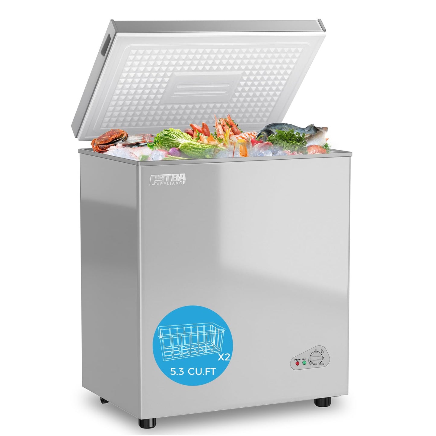 OSTBA 5.3 Cu.Ft Chest Freezer, Large Capacity Deep Freezer with 2 Removable Baskets, Bottom Wheels, 6-Level Temperature Control with Fast Freeze Mode, Energy Saving Quiet Freezer, Silver