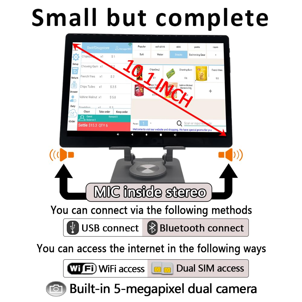 MR.BOSS MRBOSS Mobile POS Cash Register 10.1” Tablet 3" 80mm Receipt Portable Printer Software app for Small Business Restaurant Retail Grocery Convenience Mobile Food Dining car