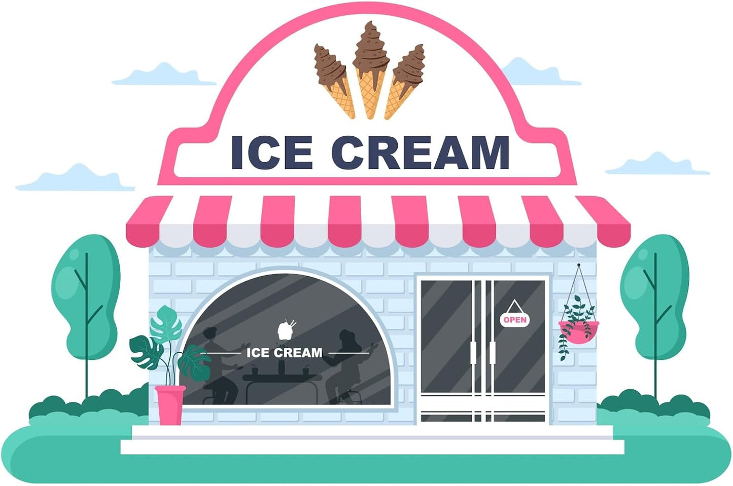 CORFOTO 10x8ft Summer Fabric Ice Cream Shop Backdrop Pink White Striped Awning Brick Building Scene Photography