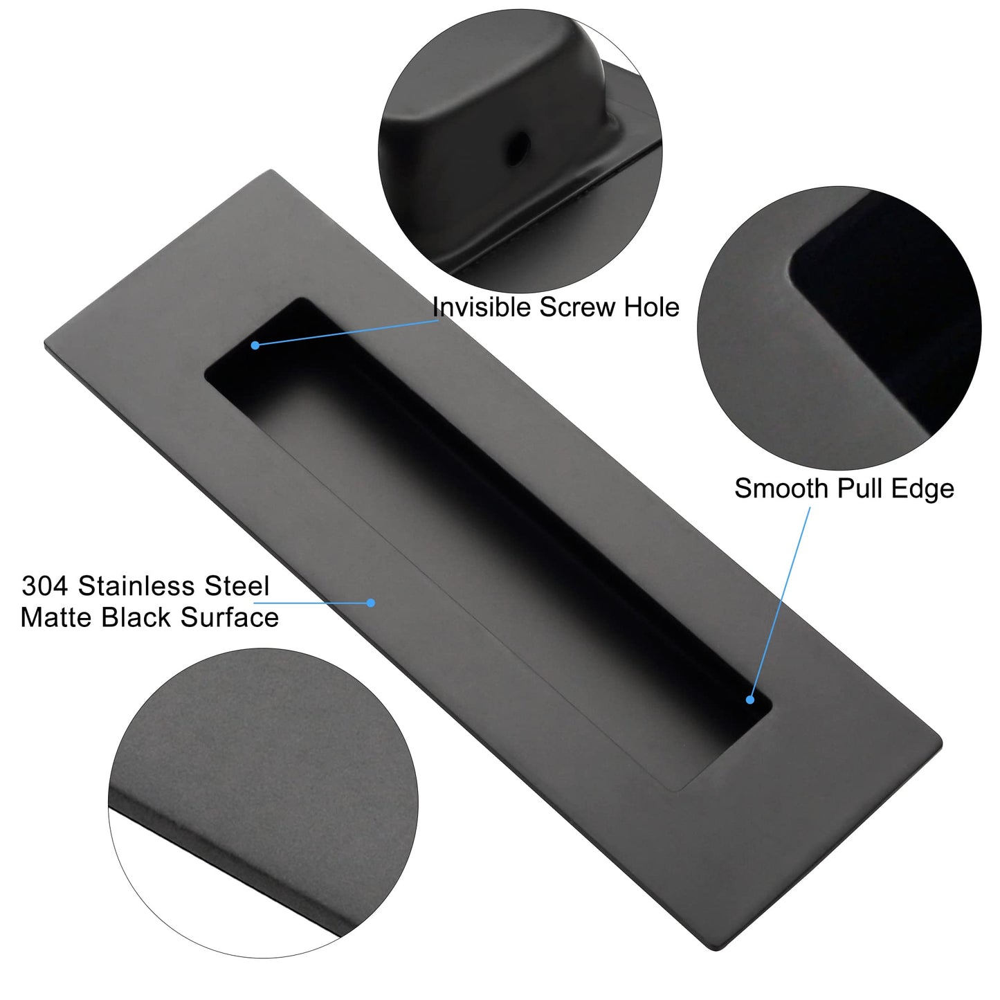 Malimali 6 Inch Recessed Finger Flush Pulls for Pocket Door Closet Door, Sliding Barn Door Handle, Matte Black Stainless Steel Rectangular Door Pulls Hardware(2 Pack)