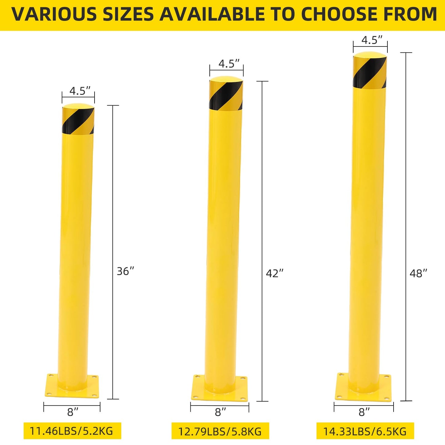 PeakPursuit 42 Inch Height Safety Bollard Post, 2 Pack 4.5 Inches Diameter Steel Pipe Safety Bollard, Yellow Parking Bollard with 24 Anchor Bolts, Steel Bollard Post for Traffic-Sensitive Area