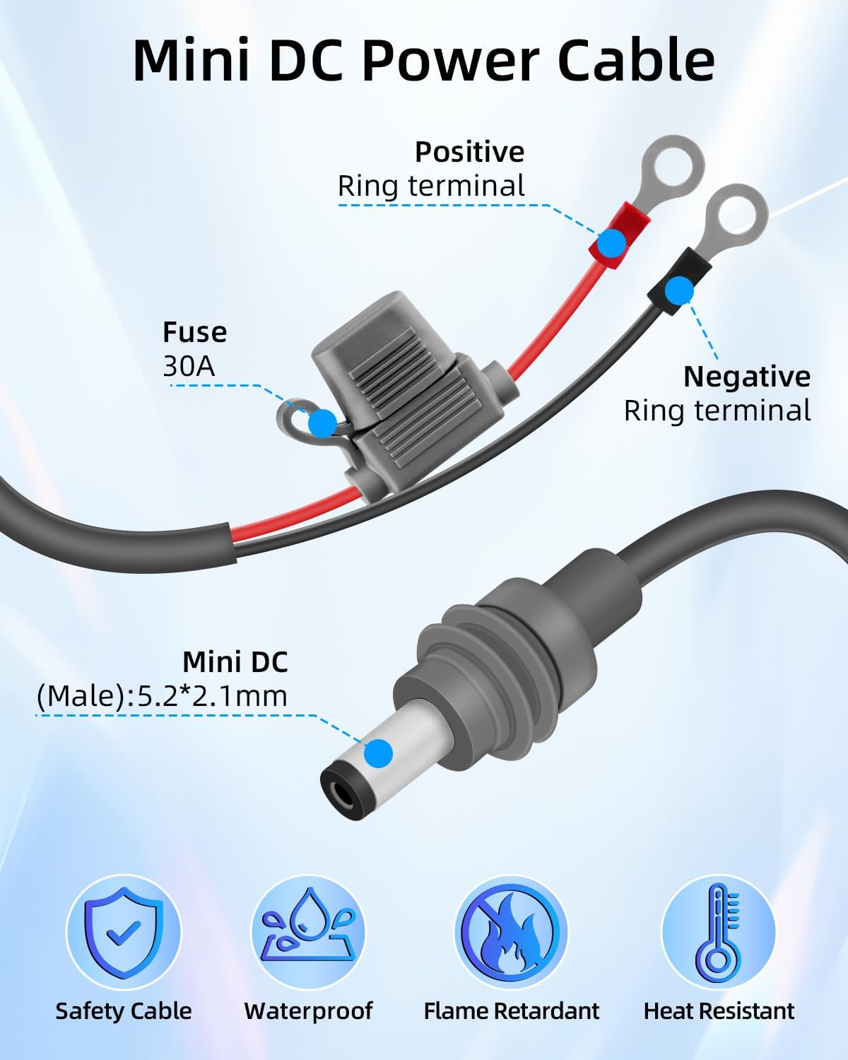 GELRHONR DC5521 18AWG 5.5x2.1MM 8MM 30A 10FT Mini to O Ring Extension Cable, DC to Eyelet Direct Battery Power Cable