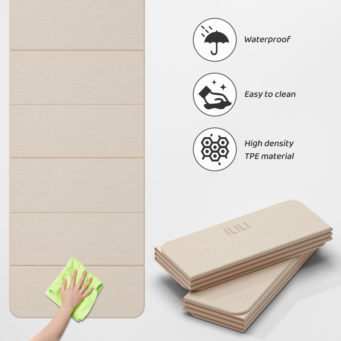 ILILI Foldable Yoga Mat 71 * 24 * 0.3'' - TPE Non-Slip Fitness Mat for Home，Waterproof & Lightweight (2lb) for Home Gym, Pilates & Stretching,Fitness Workouts (Beige)
