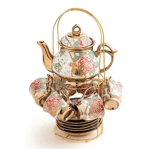 CHANJOON tea sets Gold Plated Red Rose Ceramic Tea Set, Vintage Teapot Tea Sets Beautiful Tea Set Coffee Serving 6 People (Golden, Medium)