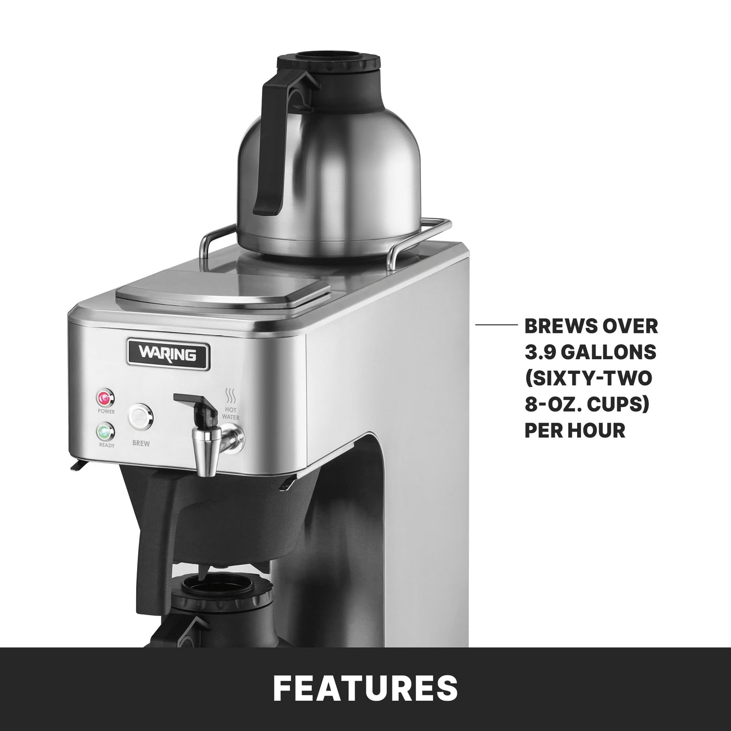 Waring Commercial Café Deco Thermal Coffee Brewer, 3.9 Gallons per Hour, Fits Large 64 oz Thermal Carafes, Stainless Steel, Front Mounted Faucet, NSF Certified, WCM60PT