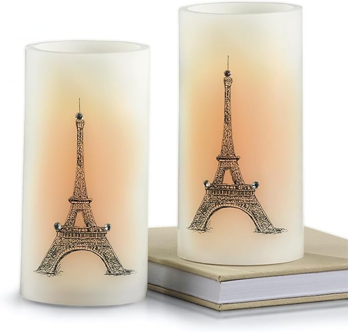SAGEFINDS Eiffel Tower LED Candles, Set of 2, Flameless Real Wax Pillar Candles, Battery Operated, 6” x 3”