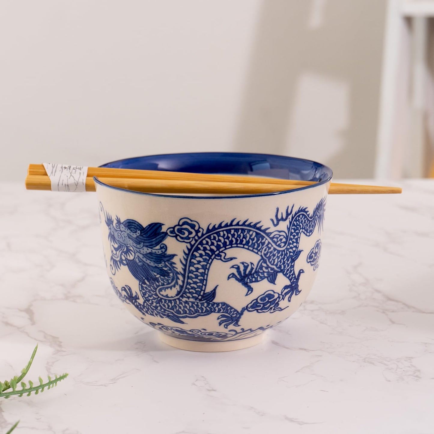Urban Tokyo Handpainted Ceramic Glazed Japanese Ramen Udon Noodle Rice Bowl With Chopsticks 20 fl oz 5 inch Diameter Bowl Sets Color Box Packaging (Oriental Dragon Blue)