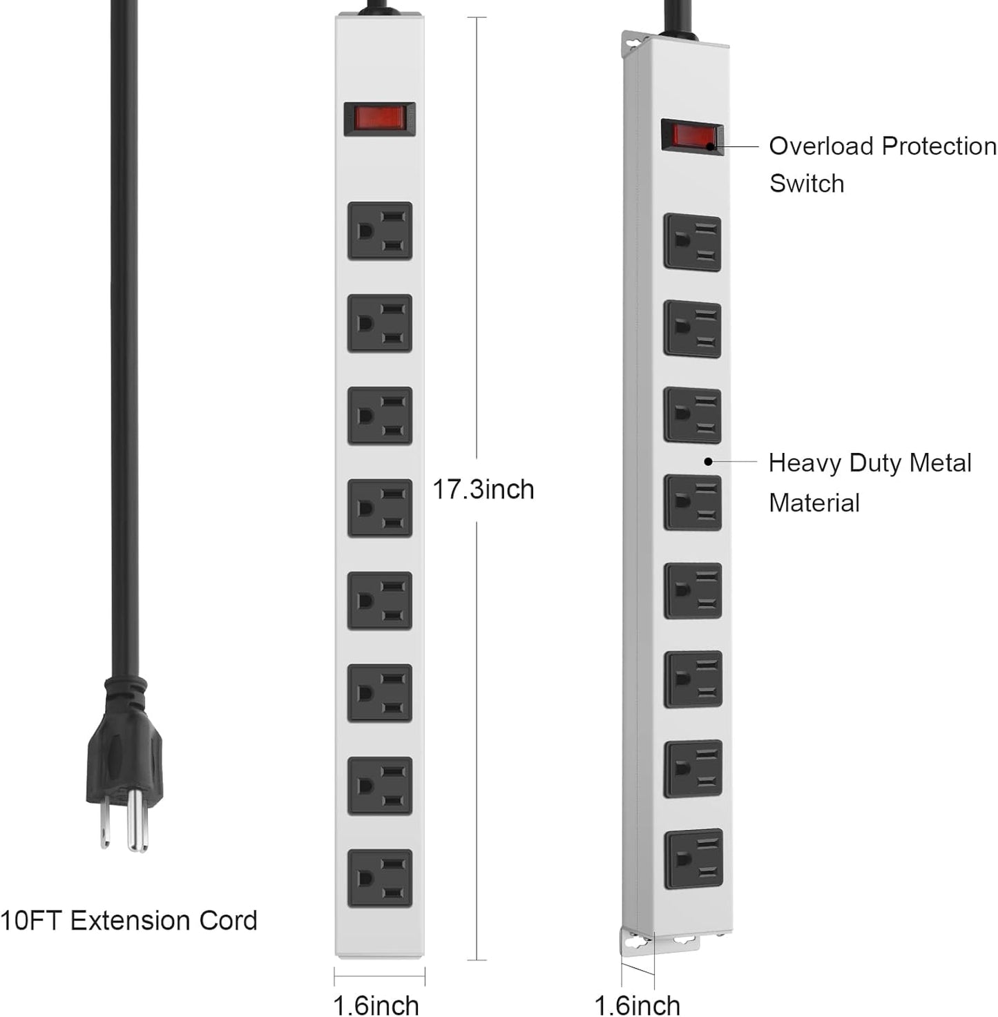 JUNNUJ 8 1200J 15A 125V 1875W, 10 14AWG Metal Outlet Power Strip, Mountable Heavy Duty Power Strip, Surge Protector