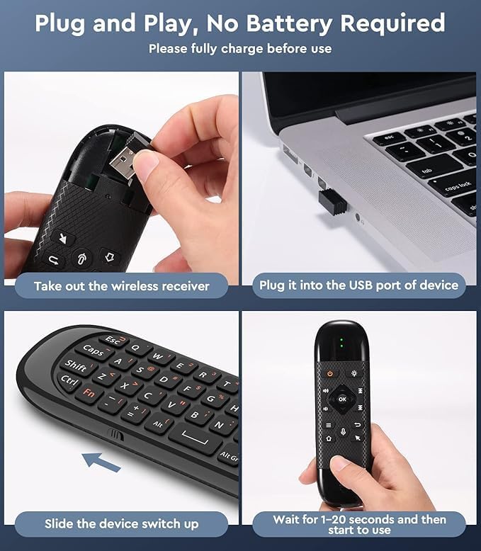 Miritz 6-Axis Air Mouse - with Voice, Gyroscope, Bluetooth, Infrared LearningPower Button only, USB Air Mouse Remote
