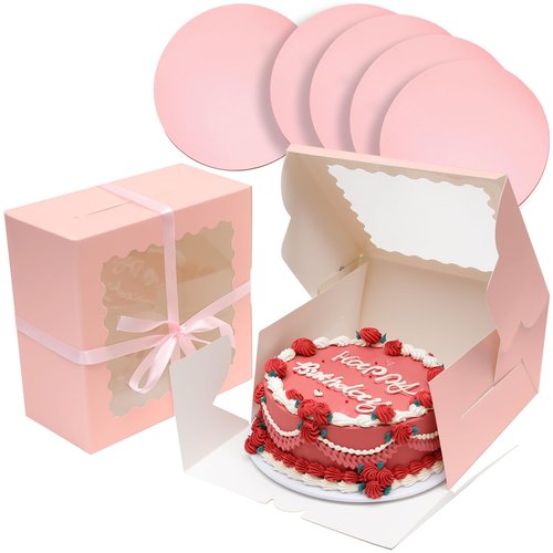 Bakepacker 8x8x5 Inches 36pcs Matte Pink Cake Boxes with Window 18-Packs (18 Boxes +18 Cake Boards Included)