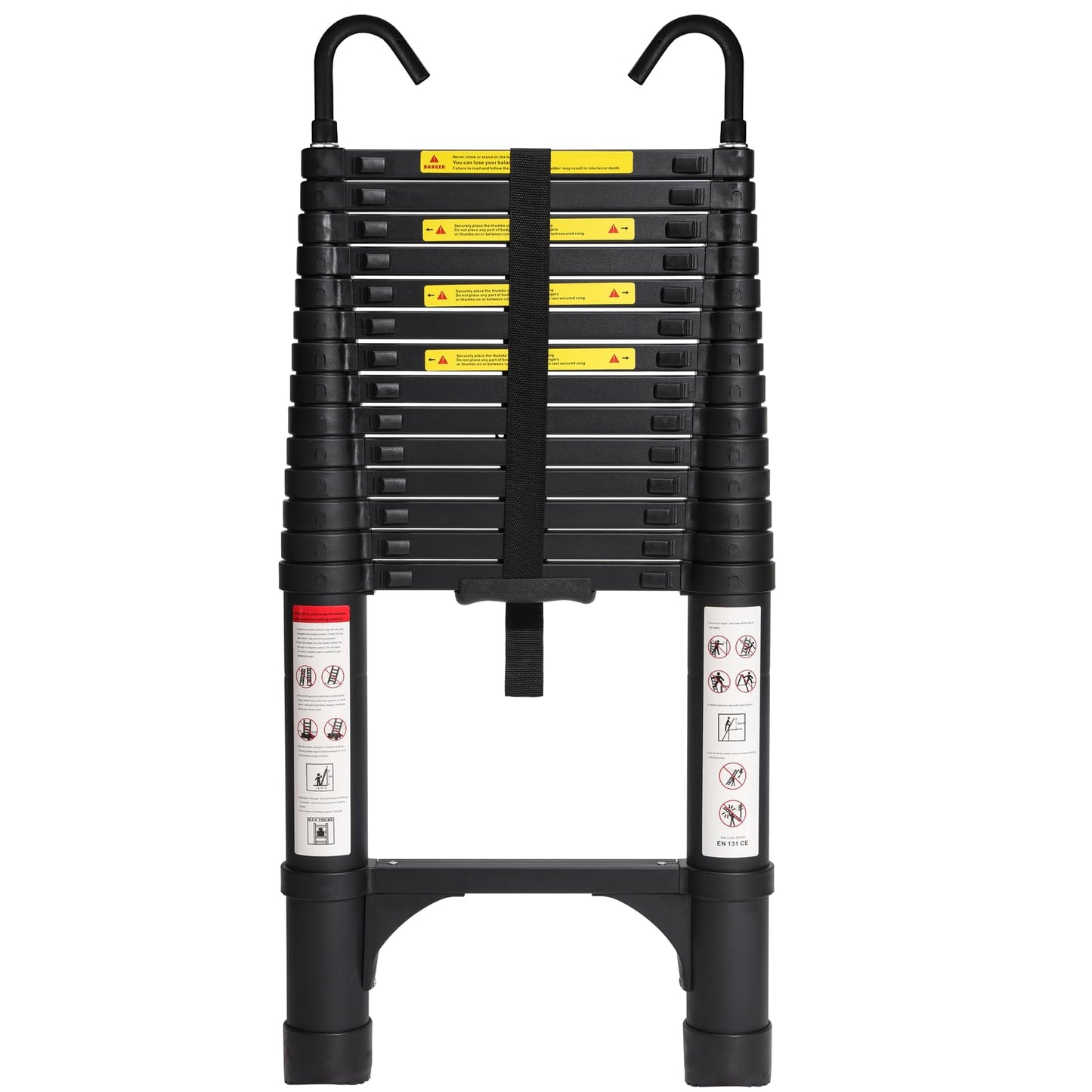 BOCOM 14.5 FT Aluminum Telescoping Ladder with Hooks, Lightweight Multi-Purpose Collapsible Extension with 2 Triangle Stabilizers, Heavy Duty 330 lbs Max Capacity for Home, RV, and Outdoor Work Black