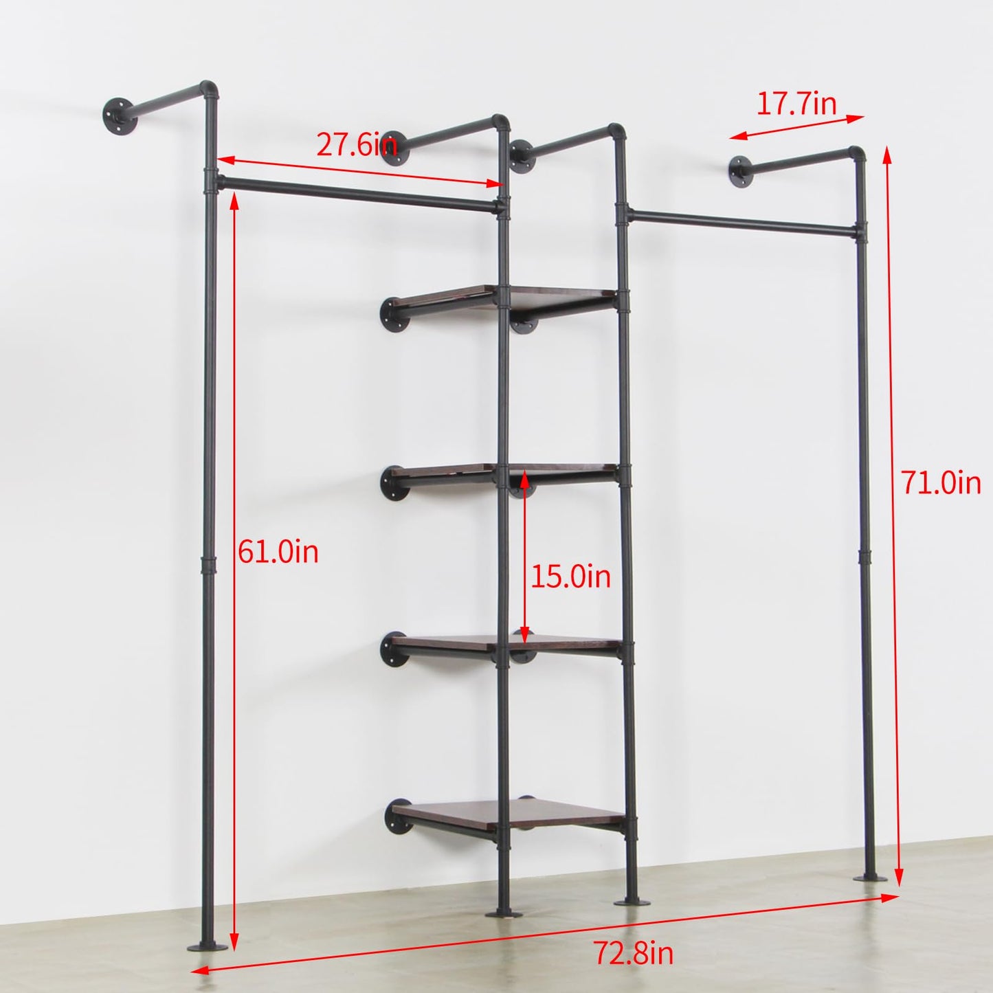 EDCB Wall Mounted Industrial Pipe Heavy Duty Clothes Rack, Clothing Rods for Hanging Clothes, Freestanding Clothing Rack with 2 Hang Rods & 4 Shelves, 72.8" W x 17.7" D x 71" H