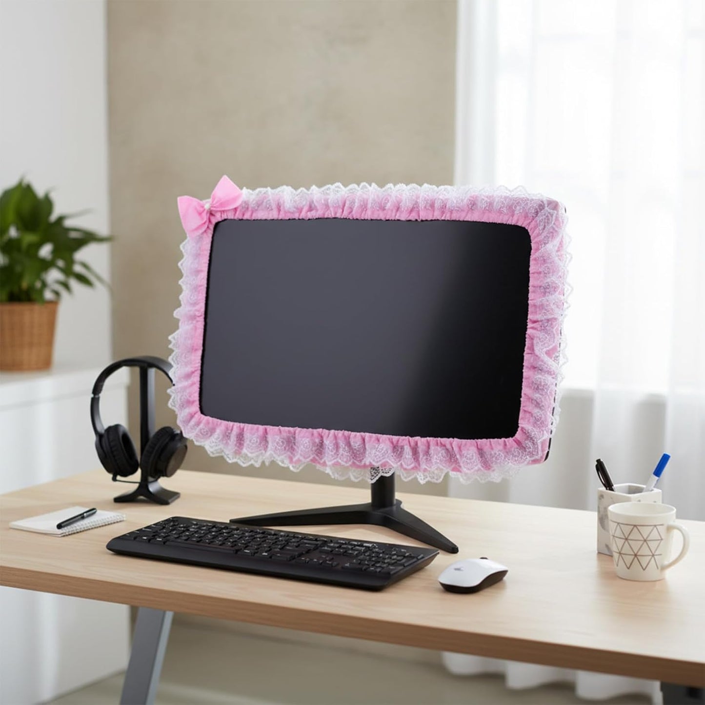 Apojgitn Cute Lace Monitor Cover, Pink Kawaii Desk Accessories for Computer Monitor Decor, Elastic Screen Dust Cover