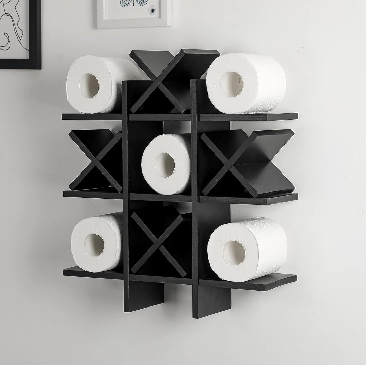 Weysat Rustic Wooden Tic Tac Toe Toilet Paper Holder - Freestanding & Wall Mounted Bathroom Decor