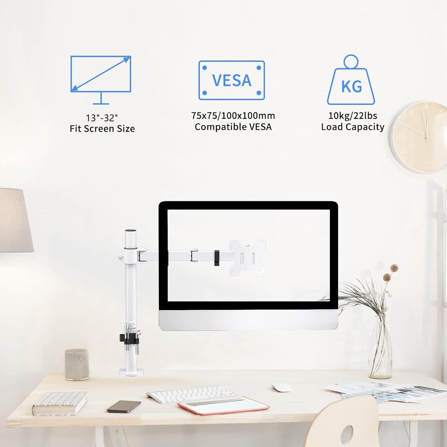 suptek 1 13" 32" 15.75 inch 75x75mm 100x100mm,White (MD9421W) Single Monitor Arm Desk Mount Fully Adjustable Monitor