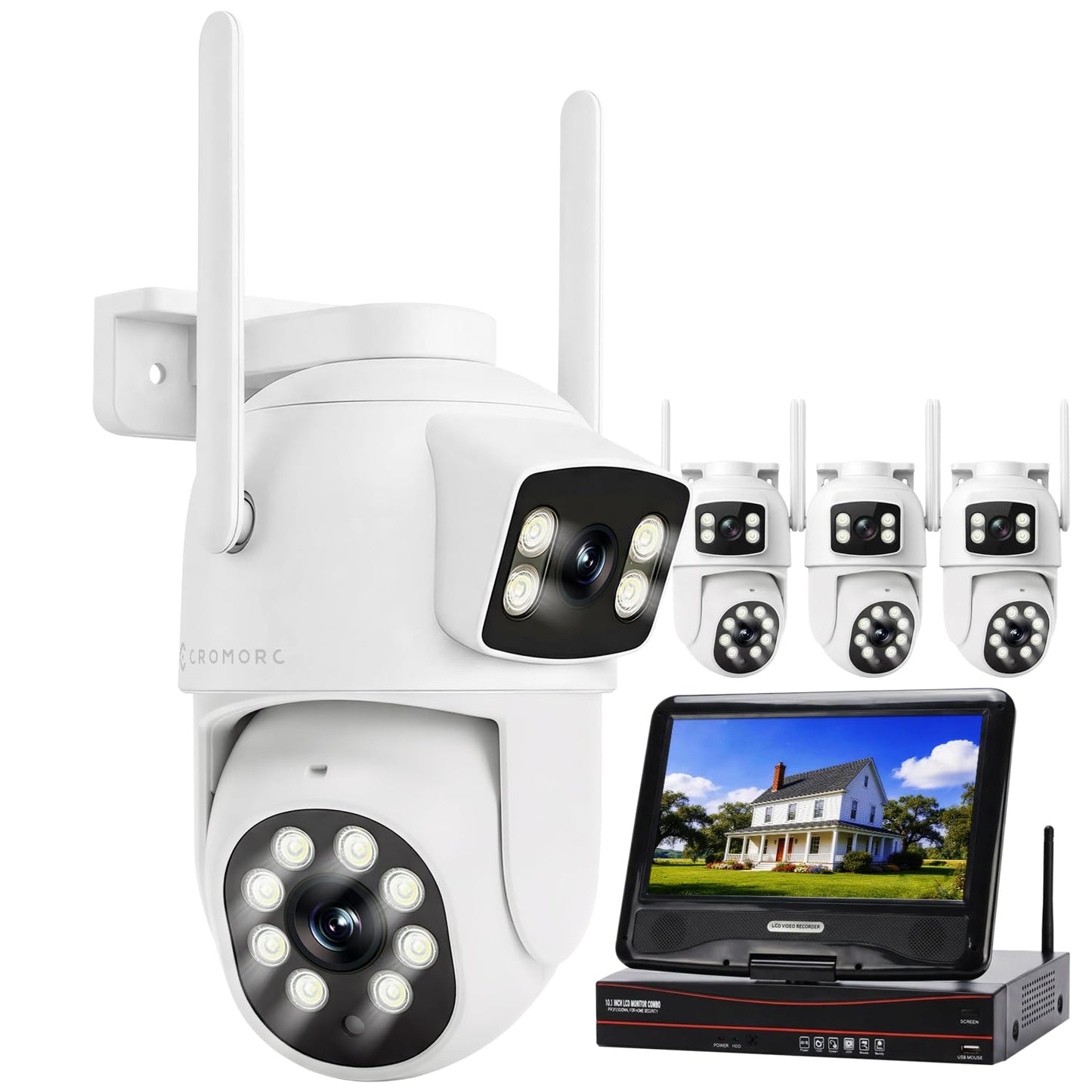 Cromorc Expandable 16CH NVR Wireless Security System 10.1" Monitor, 4 Dual Lens PTZ 4MP Camera, Humanoid Motion Detection, Spotlight, Siren Alarm, 2-Way Audio, in/Outdoor, 1TB HDD, Color Nihgt Vision
