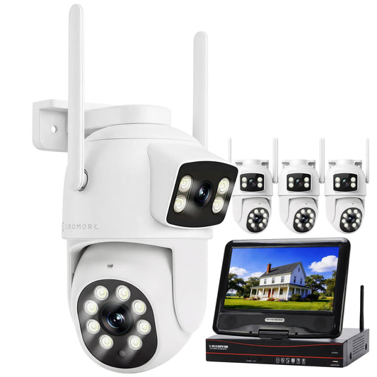 Cromorc Expandable 16CH NVR Wireless Security System 10.1" Monitor, 4 Dual Lens PTZ 4MP Camera, Humanoid Motion Detection, Spotlight, Siren Alarm, 2-Way Audio, in/Outdoor, 1TB HDD, Color Nihgt Vision