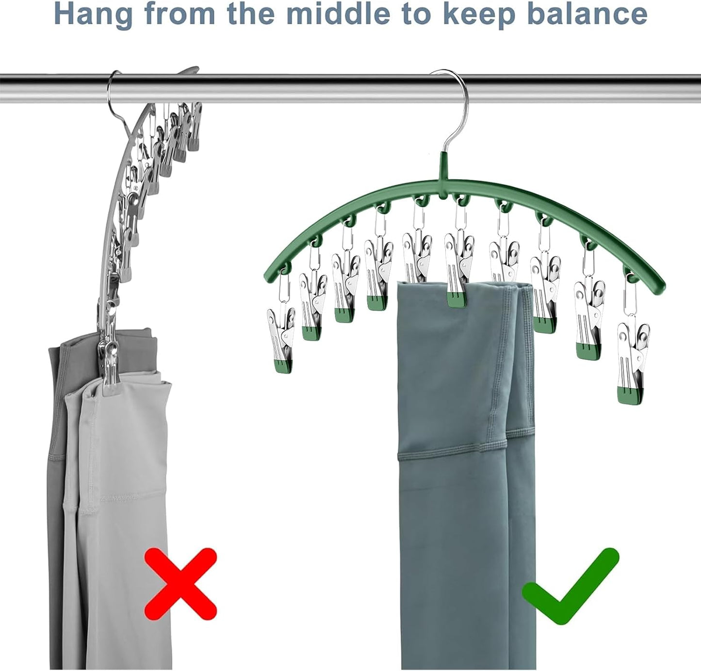 Skiennix Legging Organizer - Space-Saving Metal Yoga Pants Hangers | 4 Pack with 10 Clips, Green